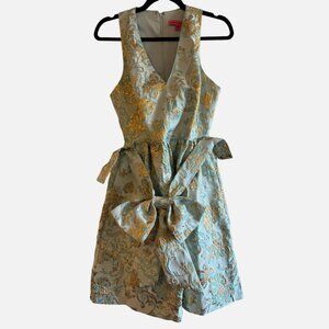Betsey Johnson cocktail dress Size 2 blue & gold/silver brocade with belt: rare